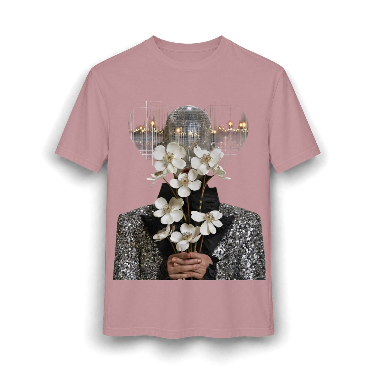 PURETE relaxed-fit mauve cotton-blend tee featuring a graphic of a disco ball head holding white flowers.