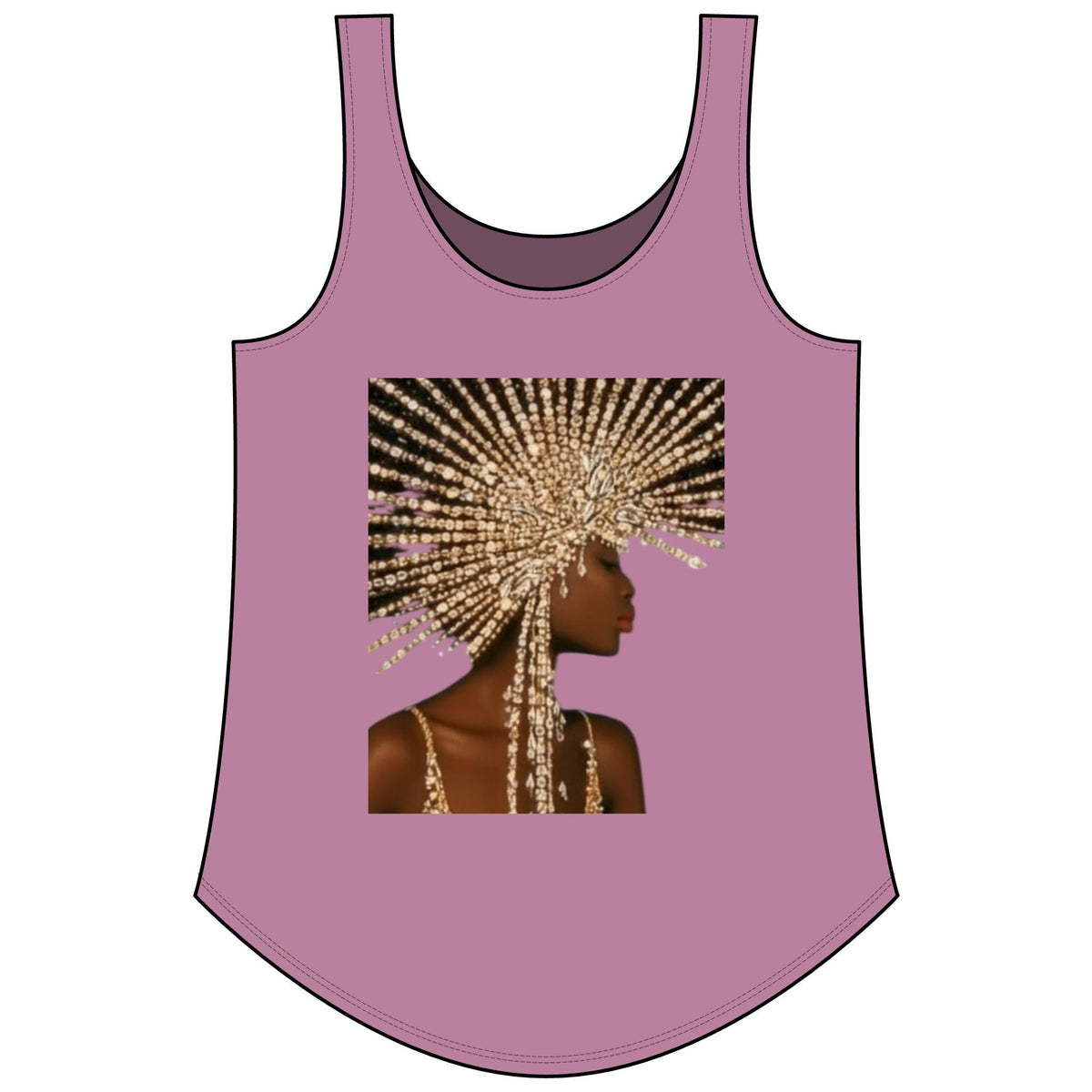 PURETE Women's Festival Tank in mauve with a graphic print of a woman wearing a gold beaded headpiece