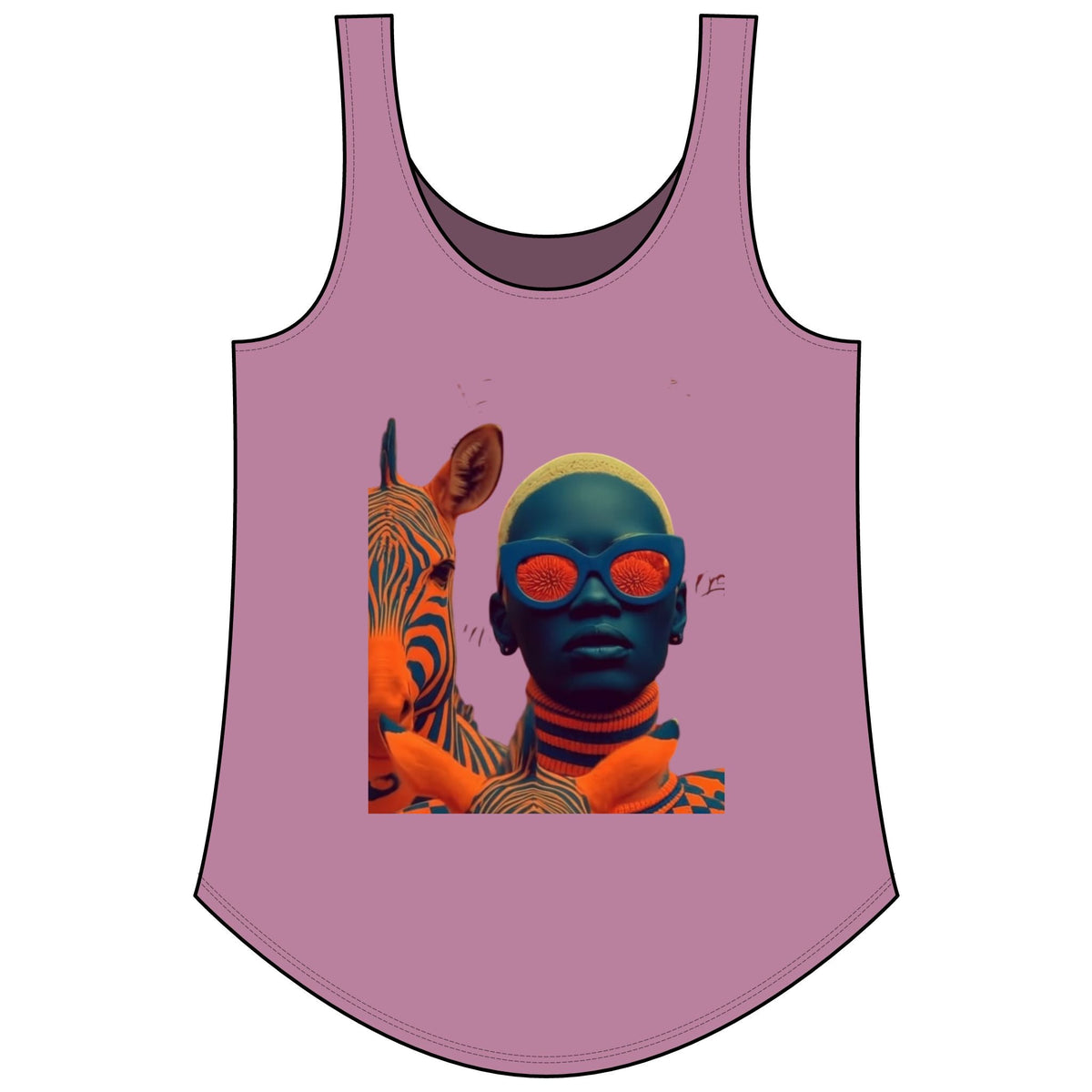 PURETE women's mauve scoop neck tank top featuring a vibrant graphic print of a person with a zebra