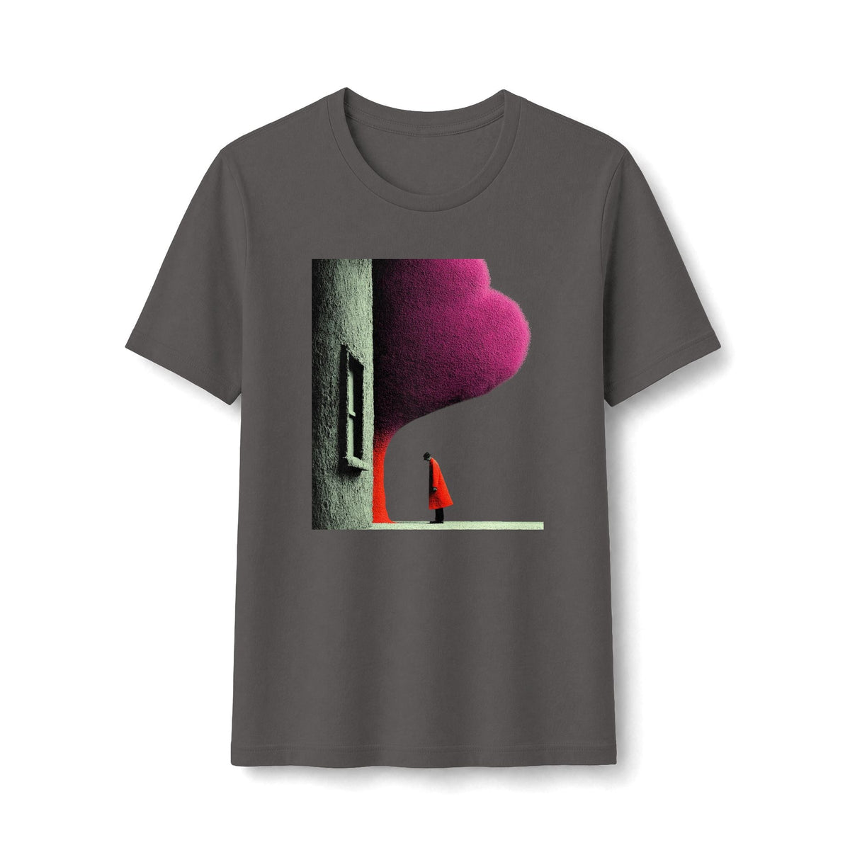 PURETE minimalist graphic tee in dark grey with a red-cloaked figure by an arched doorway under a magenta sky.
