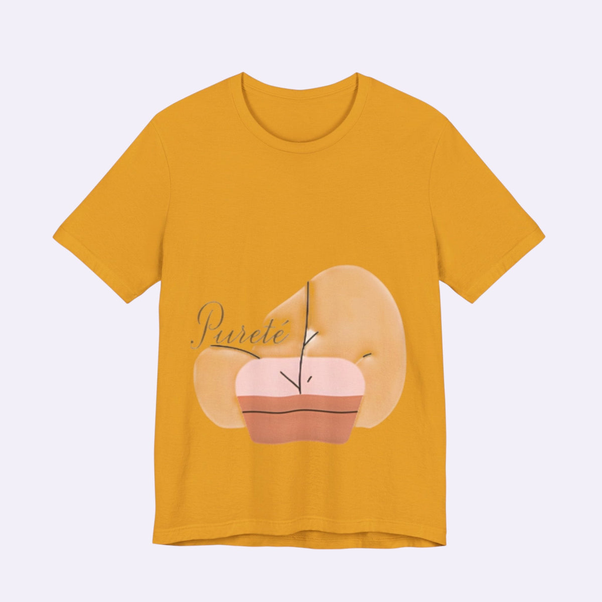 PURETE unisex mustard yellow cotton jersey short sleeve t-shirt with a minimalist abstract graphic print