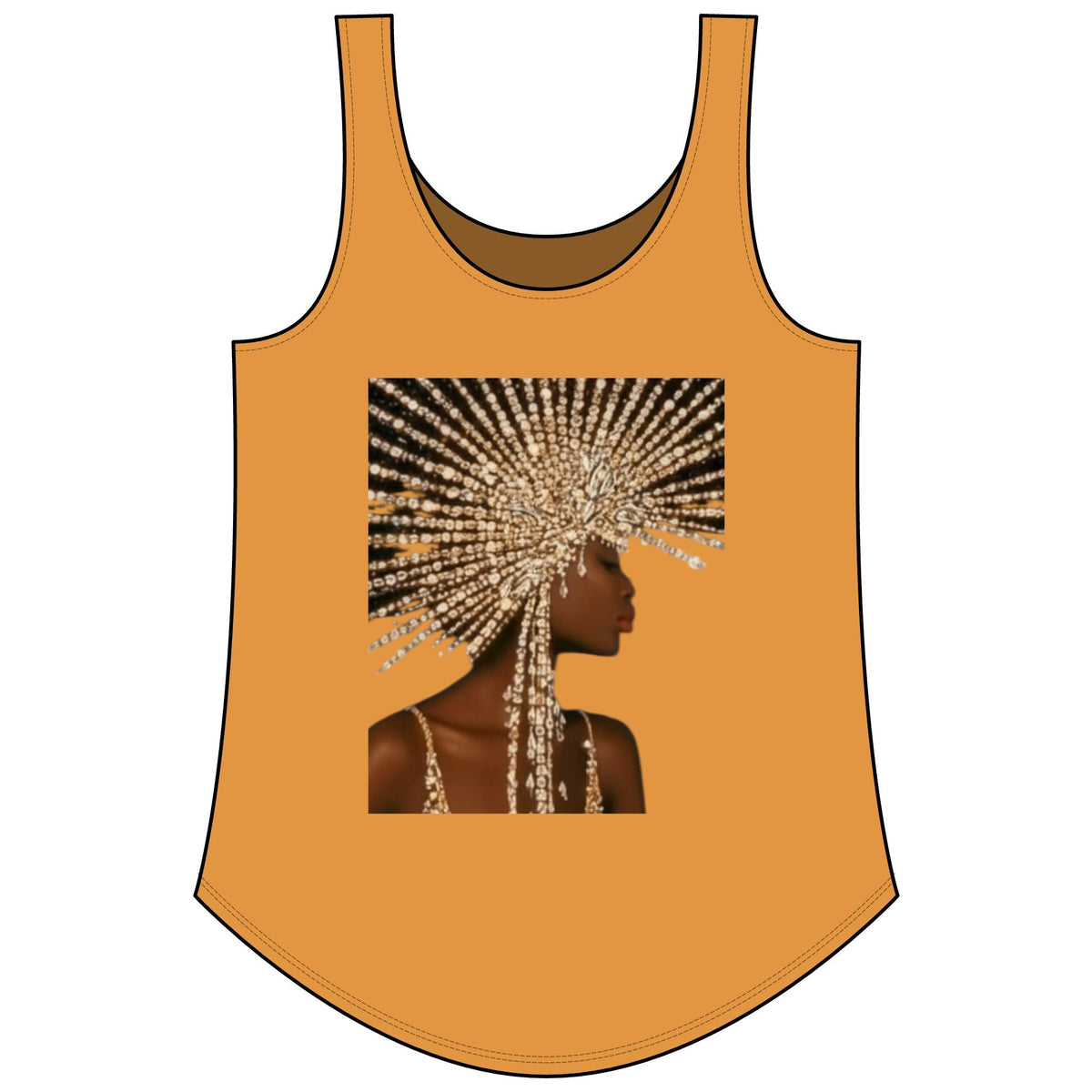 PURETE women's mustard yellow scoop neck tank top featuring a graphic print of a woman in a beaded headpiece.