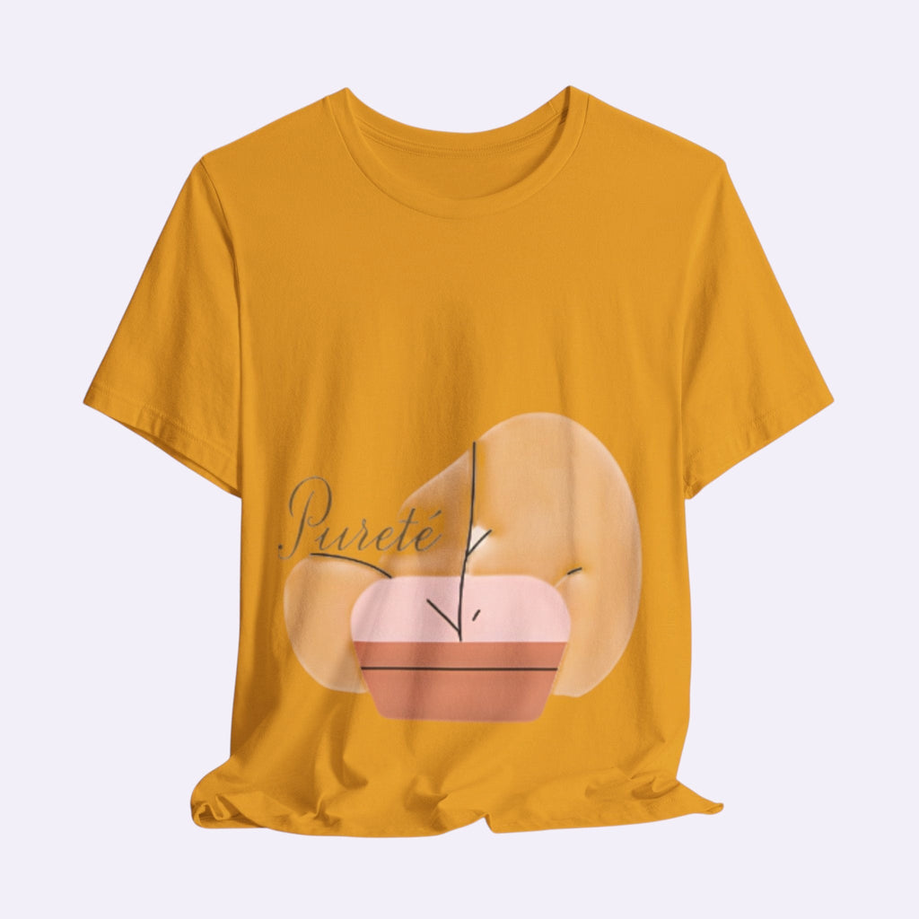 PURETE unisex mustard yellow short sleeve jersey tee with a minimalist potted plant graphic print on the front