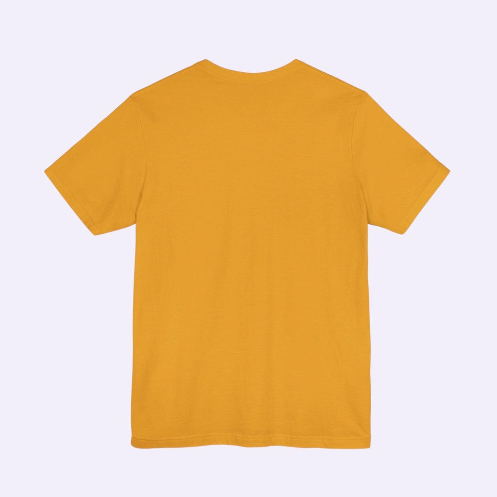 Back view of a PURETE unisex mustard yellow short sleeve jersey t-shirt made from soft cotton with a crew neckline.