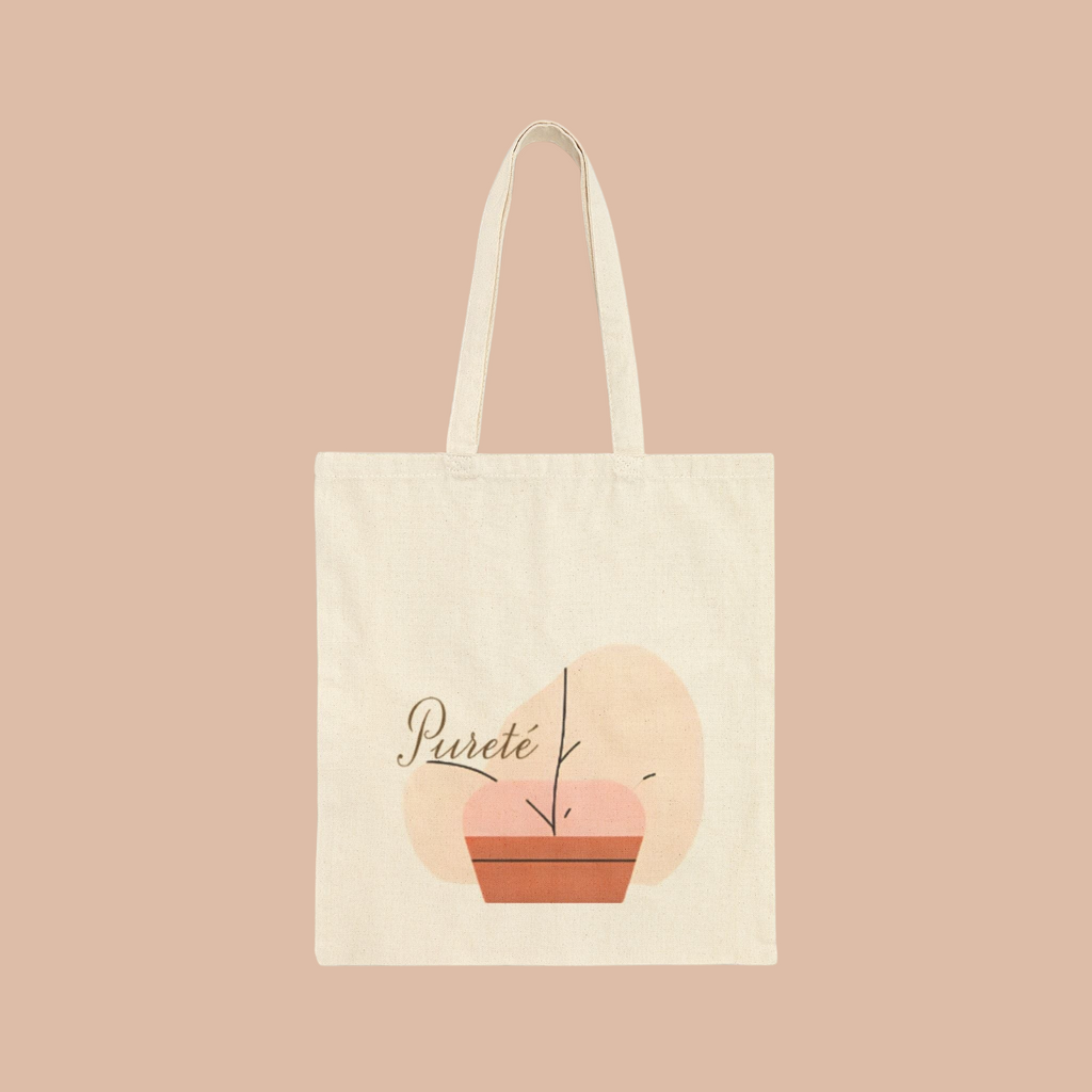 PURETE natural cotton canvas tote bag with a minimalist abstract plant graphic and brown terracotta pot design