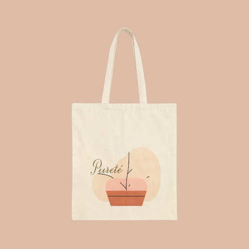 PURETE natural cotton canvas tote bag with a minimalist abstract plant graphic and brown terracotta pot design