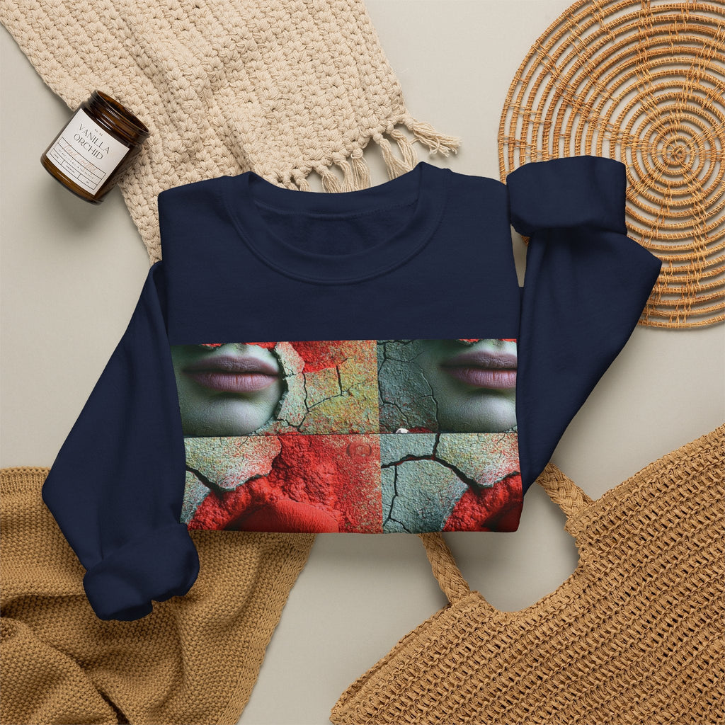 PURETE navy crewneck sweatshirt featuring a surreal grid print of cracked earth, red roses, and a human face.
