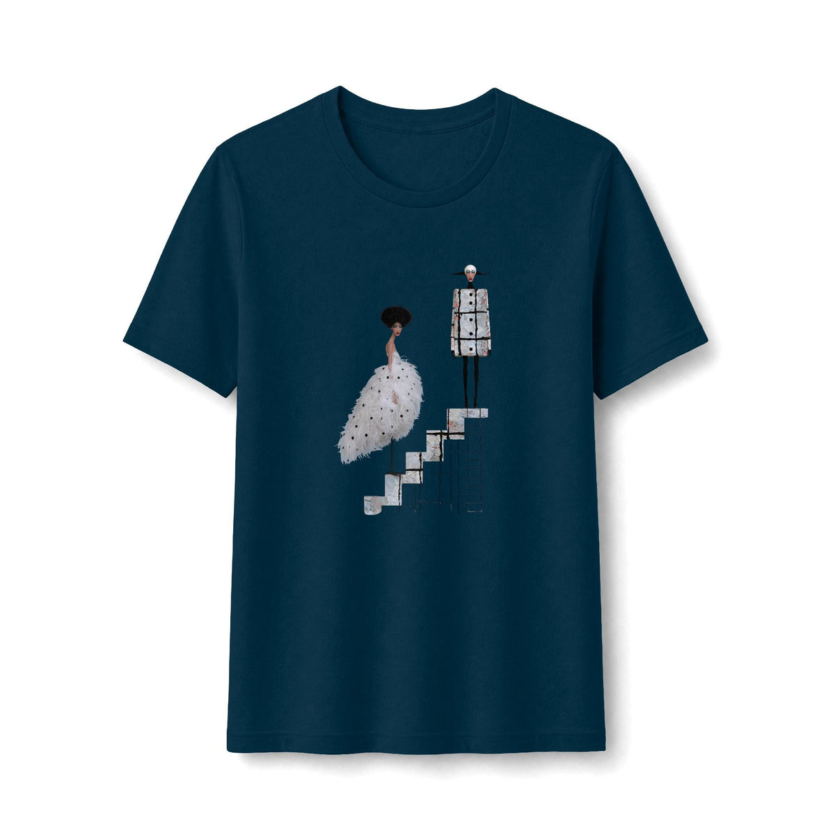 PURETE navy blue graphic t-shirt featuring a surreal illustration of a ballet couple on stairs.