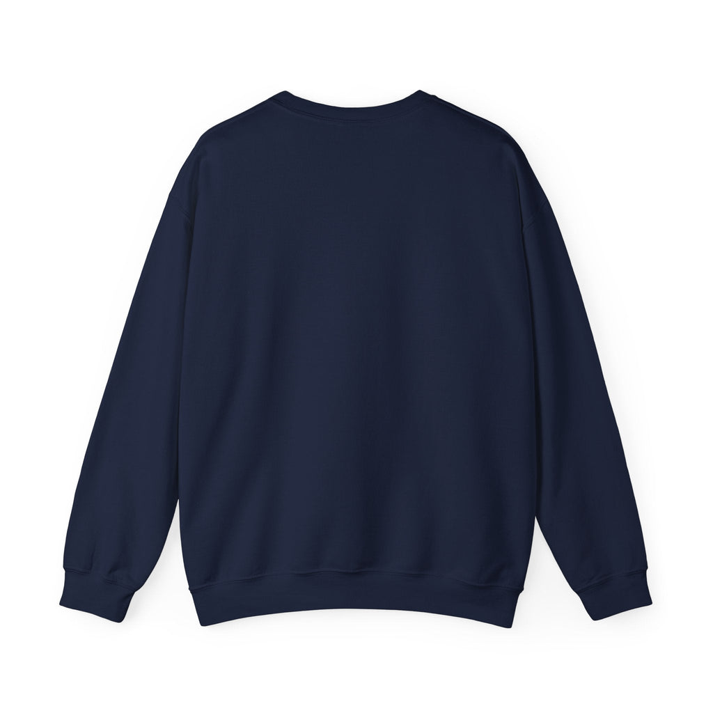Back view of a plain navy blue PURETE crewneck sweatshirt made from a comfortable cotton-poly blend.