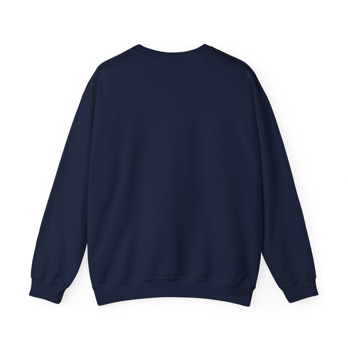 PURETE navy blue crewneck sweatshirt, back view, showing soft midweight cotton-poly fleece fabric.