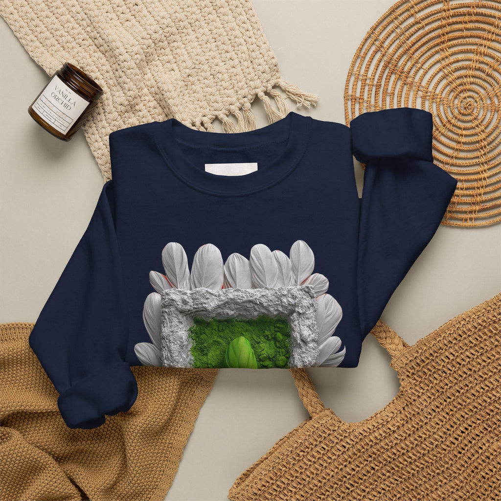 PURETE navy blue crewneck sweatshirt featuring a green portal art design with white feathered frame details.