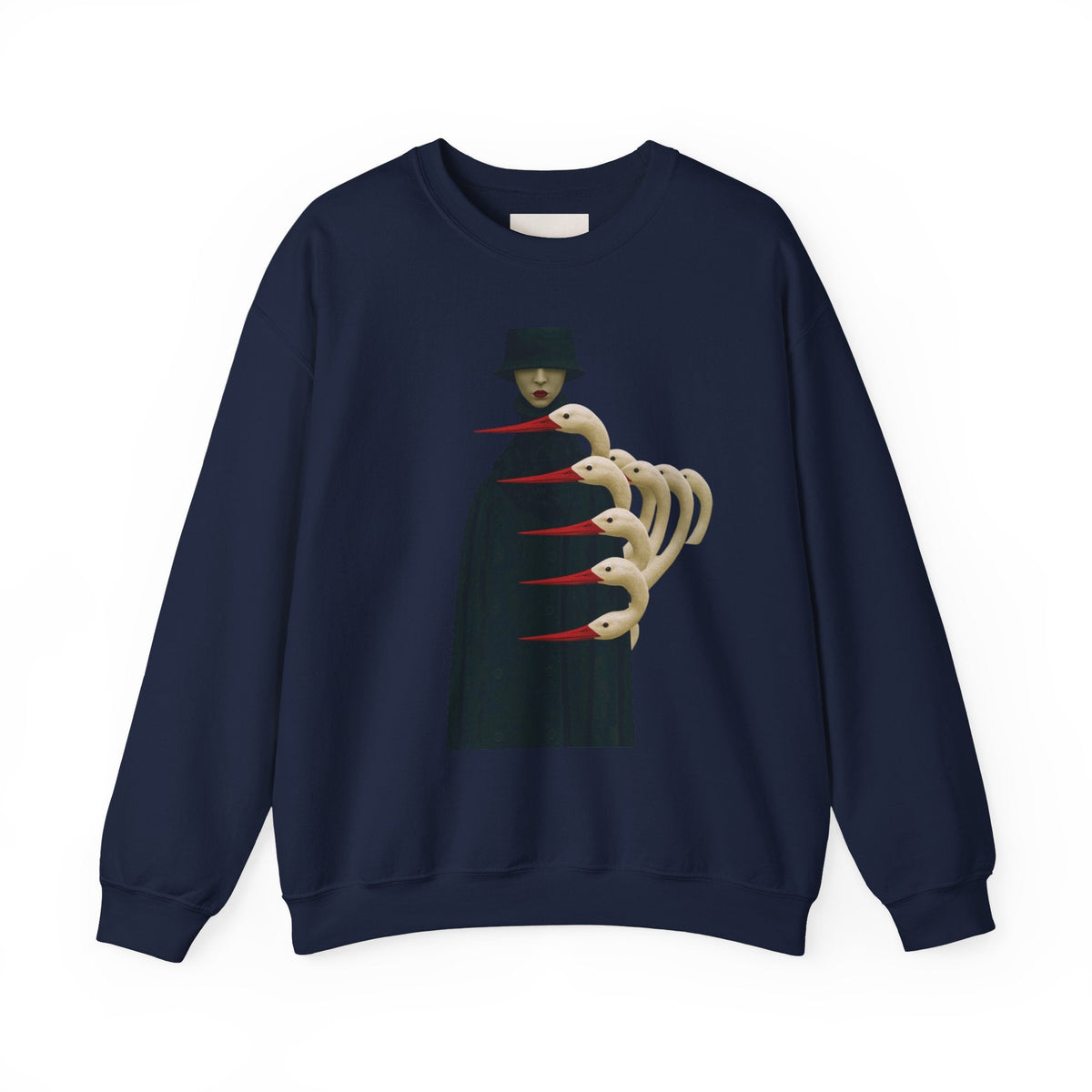 PURETE navy crewneck sweatshirt featuring a gothic figure graphic with surreal skeletal bird-like hands on the chest