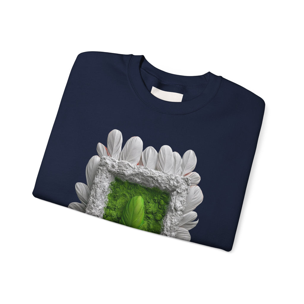 PURETE navy blue crewneck sweatshirt featuring a framed green portal art design with white feather accents.