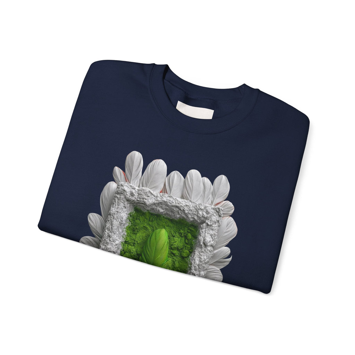 PURETE navy blue crewneck sweatshirt featuring a framed green portal art design with white feather accents.