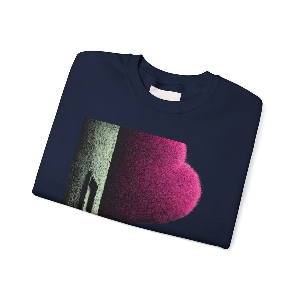 PURETE navy blue crewneck sweatshirt featuring a modern abstract graphic print of a pink shape on a textured wall.