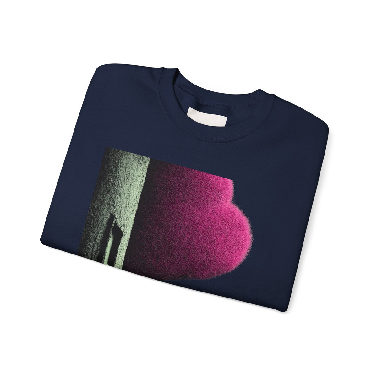 PURETE navy blue crewneck sweatshirt featuring a modern abstract graphic print of a pink shape on a textured wall.