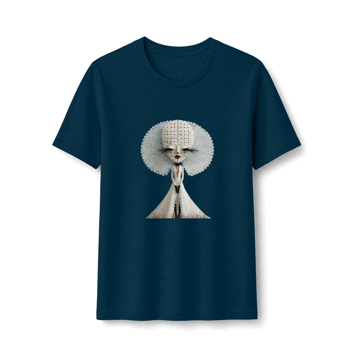 PURETE fitted navy blue cotton-blend t-shirt featuring an abstract white fashion doll graphic illustration.