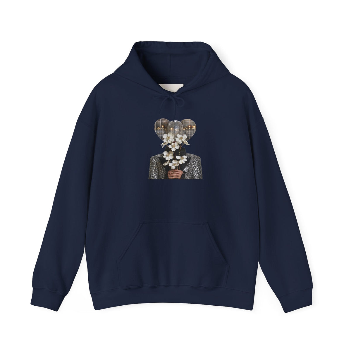 PURETE navy blue cotton-blend hoodie featuring a surreal graphic print of a person holding white flowers.