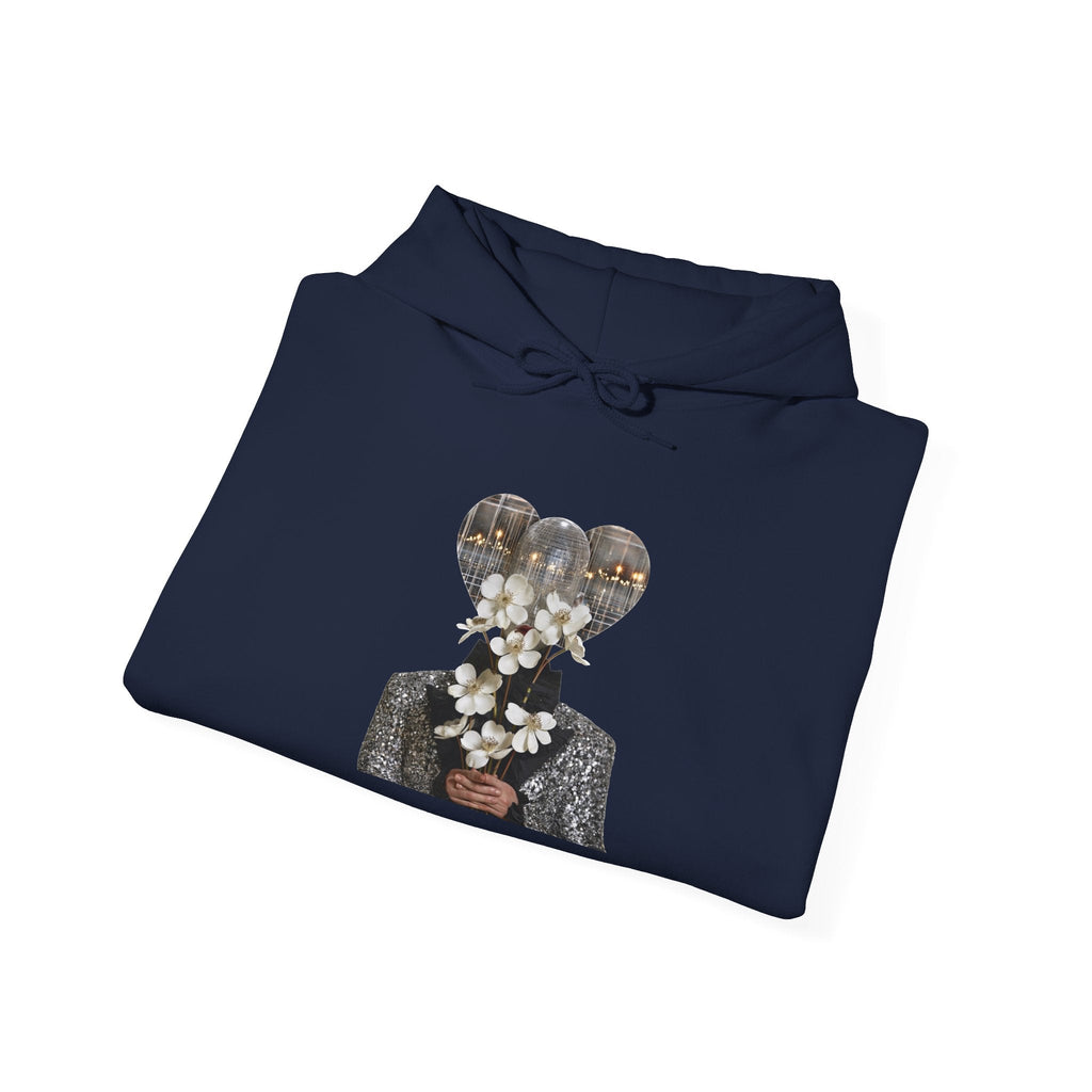 PURETE navy blue cotton-blend hoodie featuring a graphic of a person holding white flowers with a disco ball head.