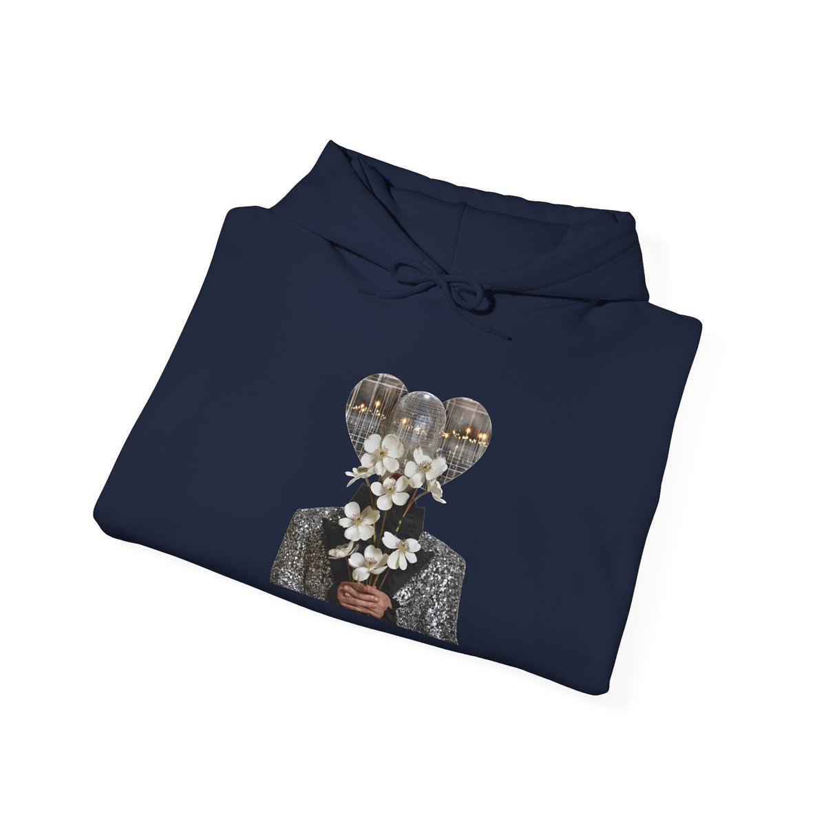 PURETE navy blue cotton-blend hoodie featuring a graphic of a person holding white flowers with a disco ball head.