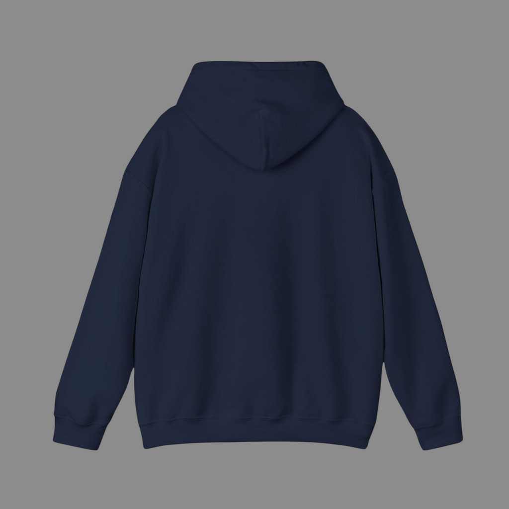 Back view of a PURETE navy blue unisex heavy blend hooded sweatshirt with a double-lined hood and ribbed hem.