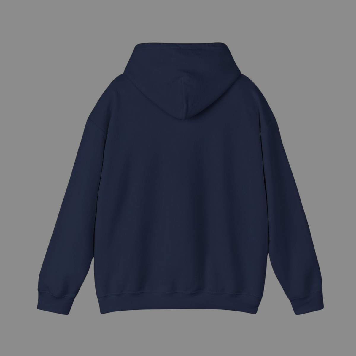Back view of a PURETE navy blue unisex heavy blend hooded sweatshirt with a double-lined hood and ribbed hem.