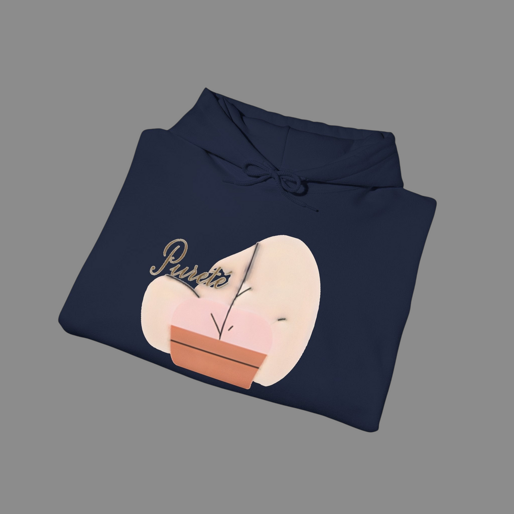 PURETE navy blue unisex hooded sweatshirt with a minimalist potted plant graphic and brand logo on the front
