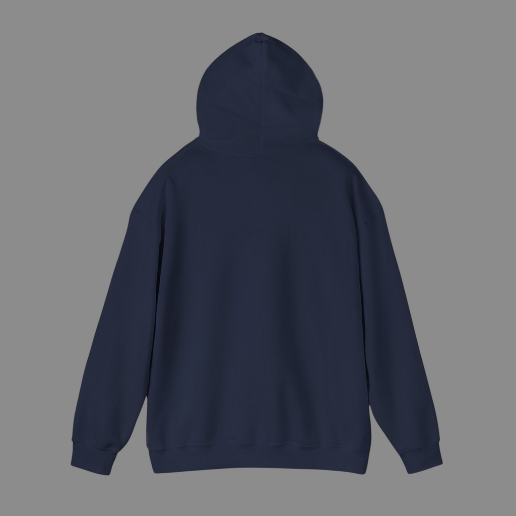 PURETE navy blue unisex heavy blend hooded sweatshirt, back view showing double-lined hood and ribbed cuffs.