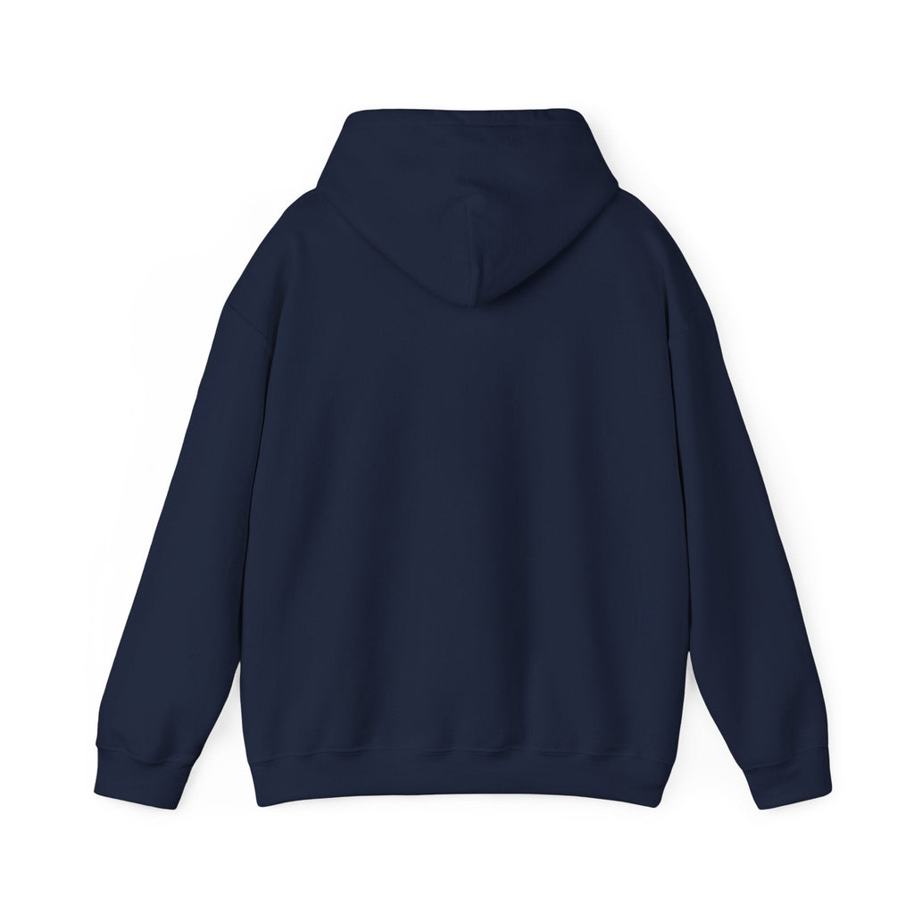 Back view of a PURETE navy blue cotton-polyester hoodie with a double-lined hood and long sleeves.