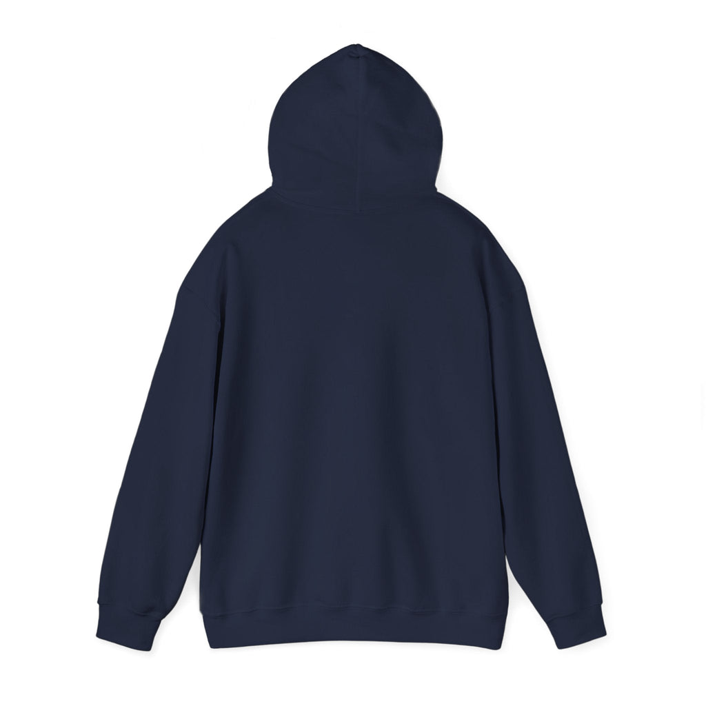 Back view of a PURETE navy blue cotton-polyester hooded sweatshirt with a double-lined hood and long sleeves.