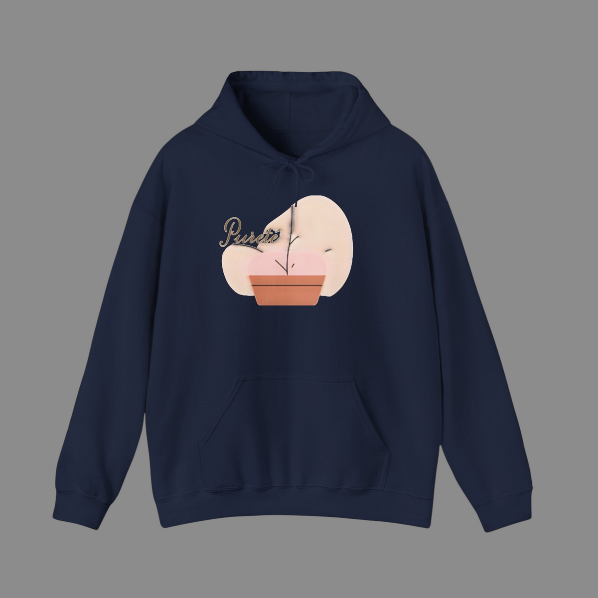 PURETE navy blue unisex heavy blend hooded sweatshirt with a front pouch pocket and a decorative plant graphic.