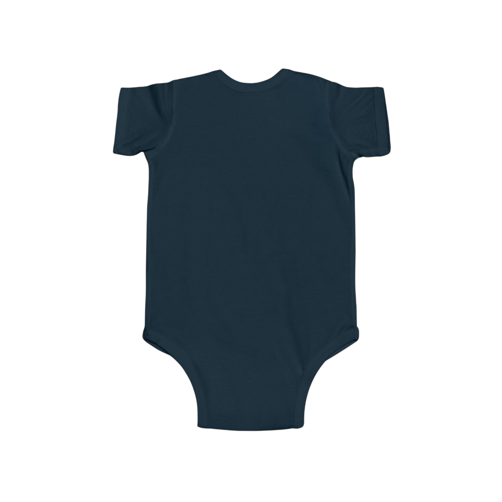 PURETE infant bodysuit in dark navy blue cotton with short sleeves and envelope neckline, back view