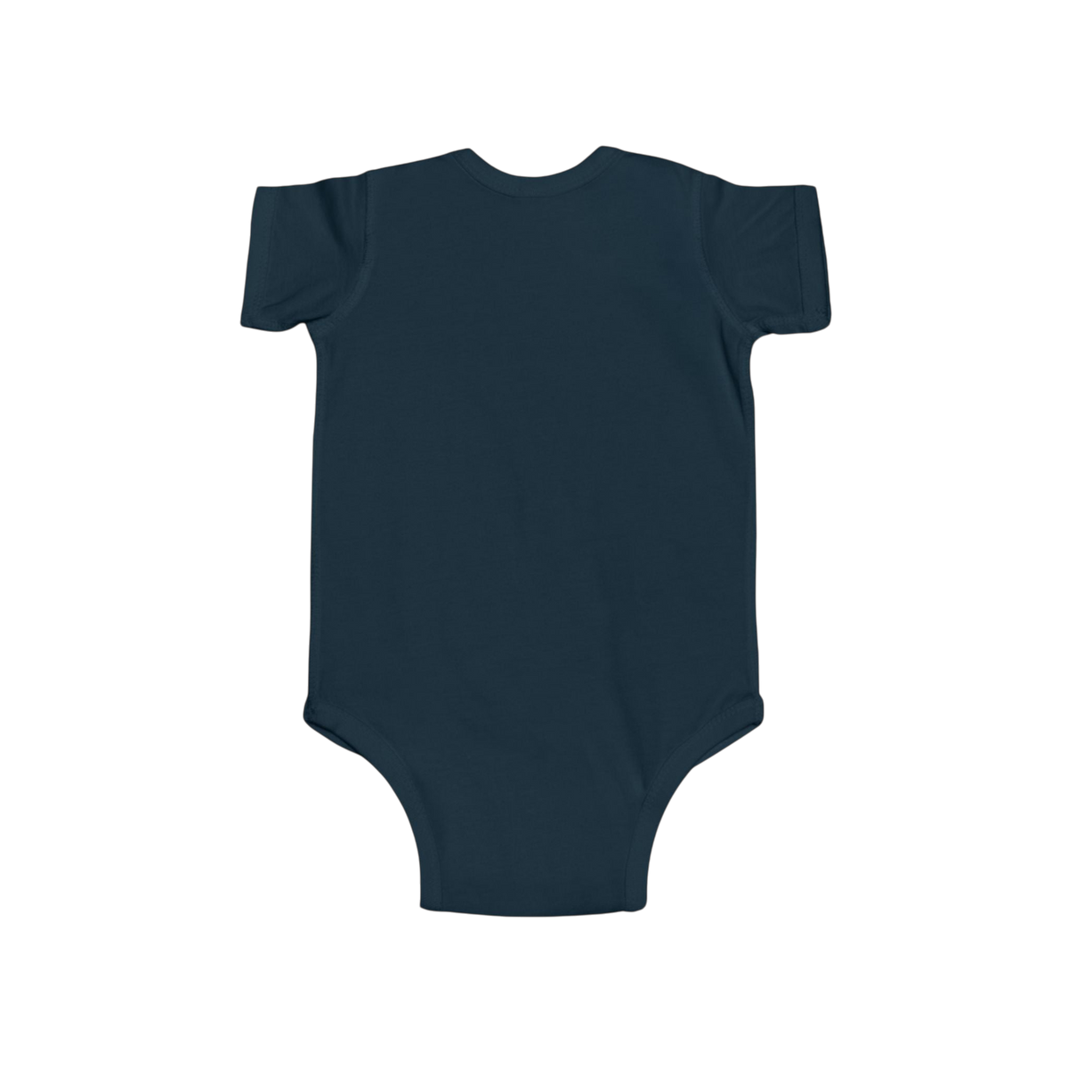 PURETE infant bodysuit in dark navy blue cotton with short sleeves and envelope neckline, back view