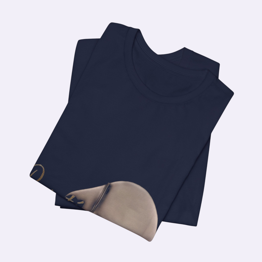 PURETE unisex navy blue jersey short sleeve crew neck t-shirt with a graphic print, folded neatly.