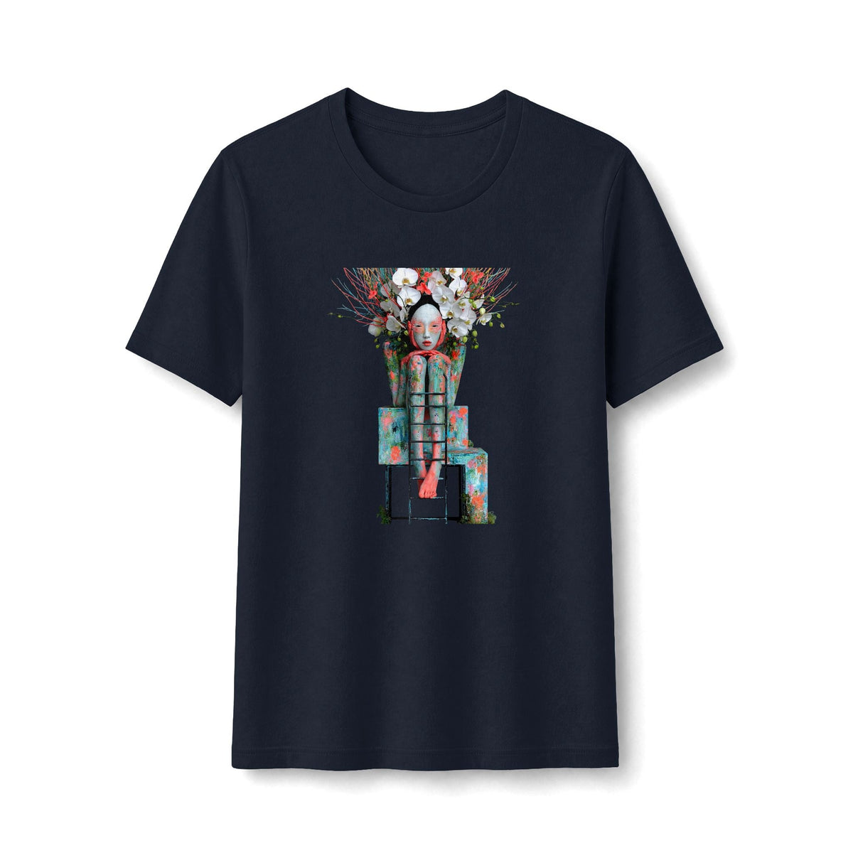 PURETE fitted navy blue graphic t-shirt featuring a detailed floral robot art illustration on the front.