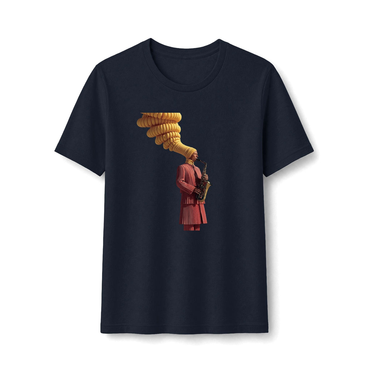 PURETE navy blue cotton-blend women's tee featuring a retro graphic of a saxophonist with golden musical notes.
