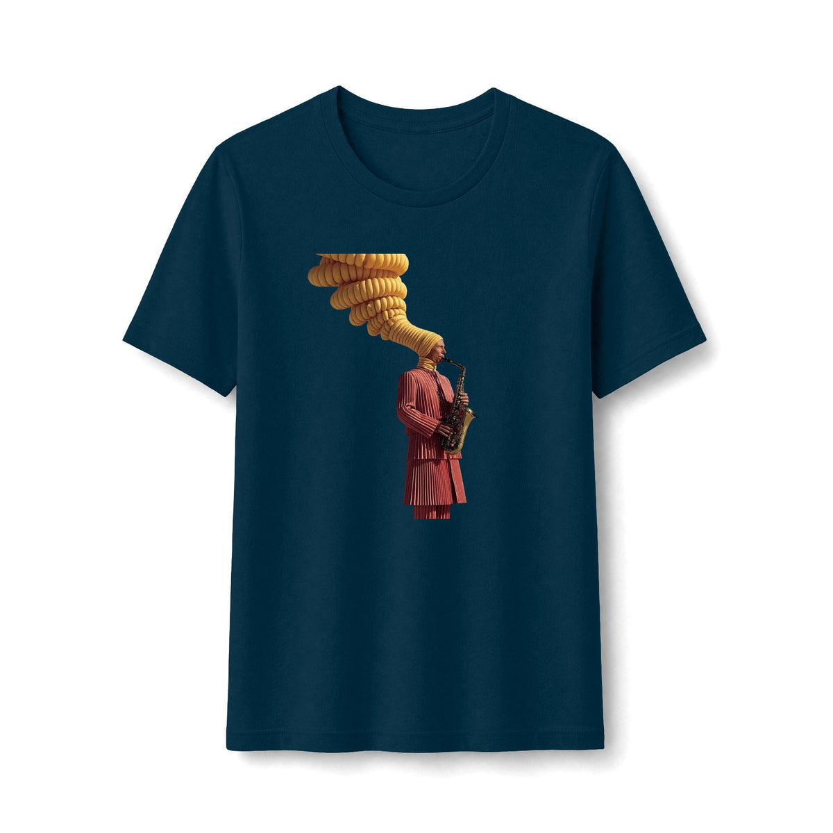 PURETE women's navy blue cotton-blend t-shirt featuring a vintage graphic of a saxophonist with golden musical notes.