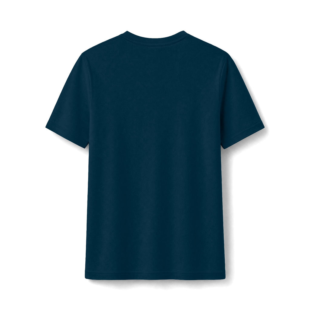 Back view of a plain dark navy blue PURETE fitted cotton-blend t-shirt with short sleeves and a clean silhouette.