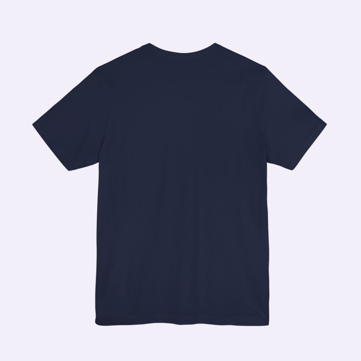 Back view of a PURETE unisex navy blue jersey short sleeve crew neck t-shirt made from soft cotton.