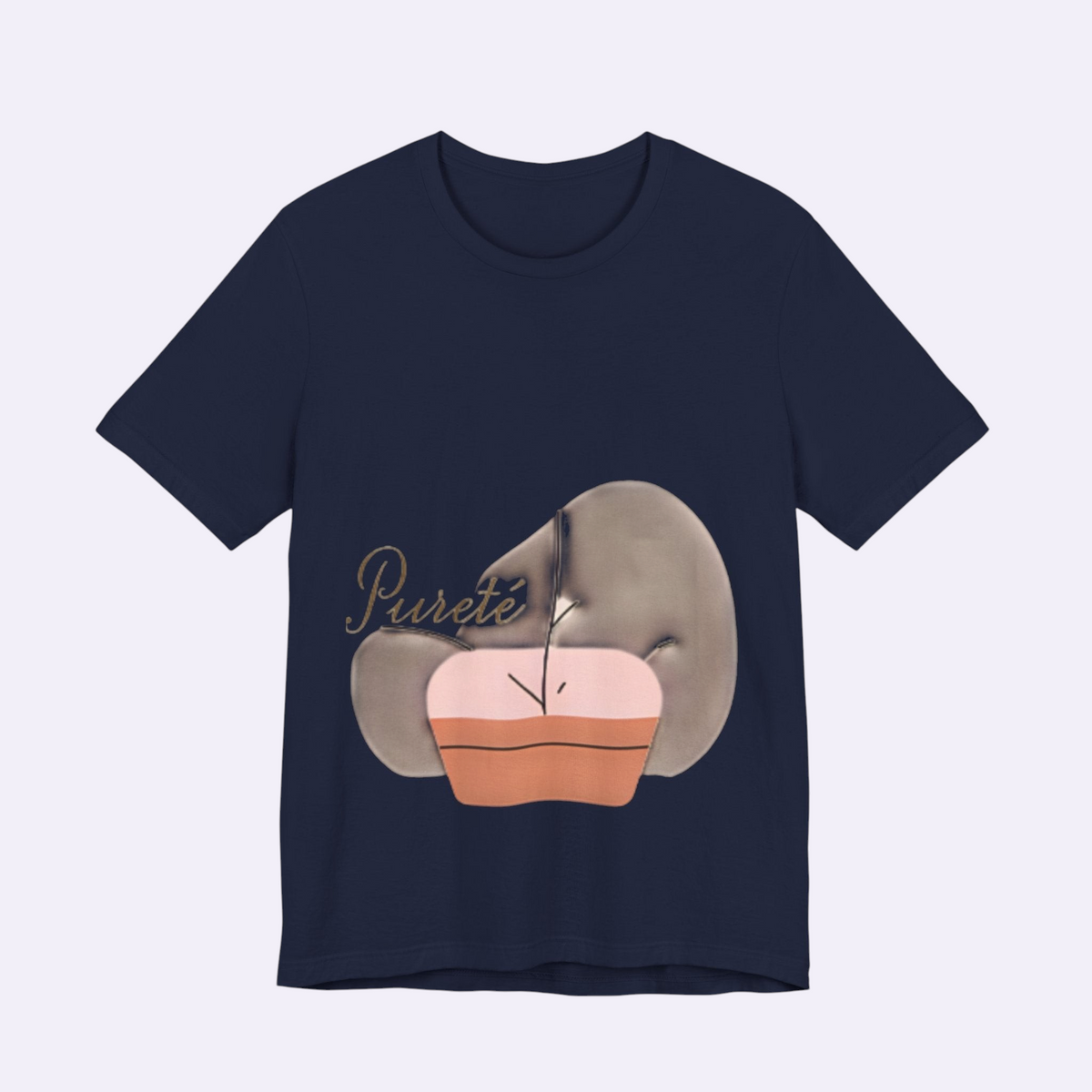 PURETE navy blue unisex short sleeve jersey t-shirt with a graphic print on the front