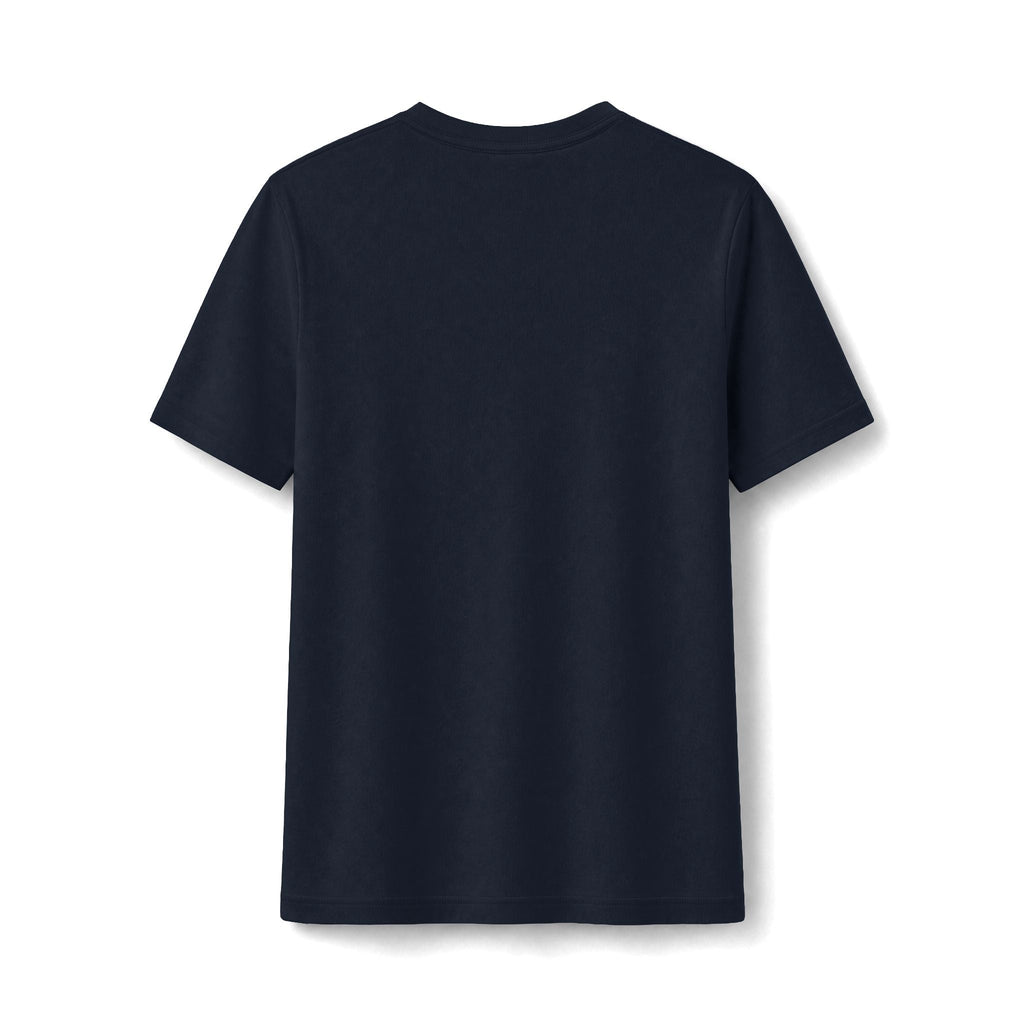 Back view of a plain navy blue PURETE women's slim-fit cotton-blend t-shirt with a clean, minimalist design.