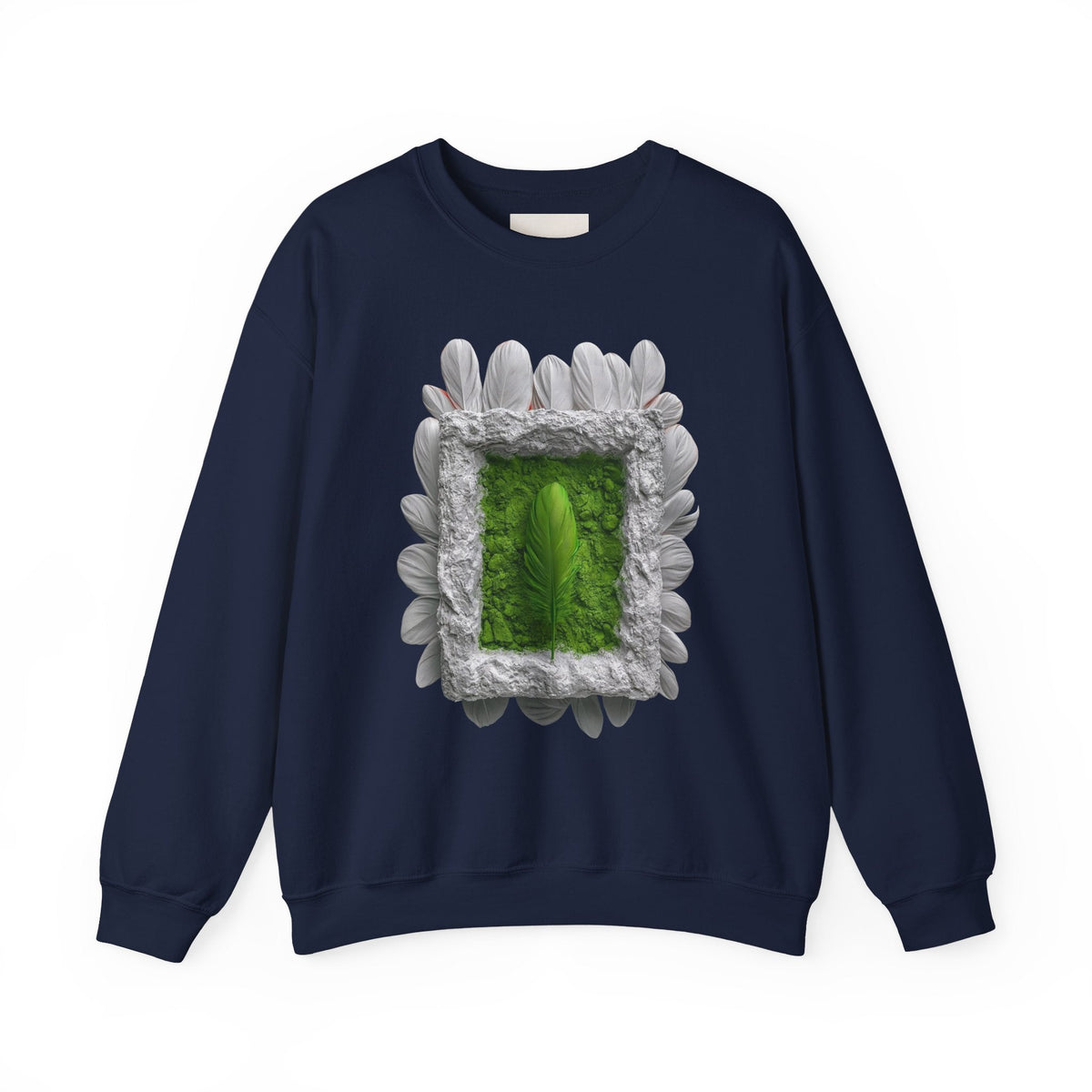 PURETE navy crewneck sweatshirt featuring a central graphic of a green feather inside a stone frame with white petals.