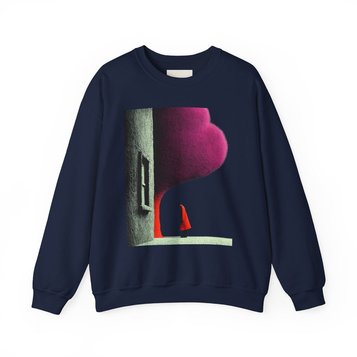 PURETE navy blue crewneck sweatshirt featuring a surreal artistic print of a figure in a red coat by a tall building