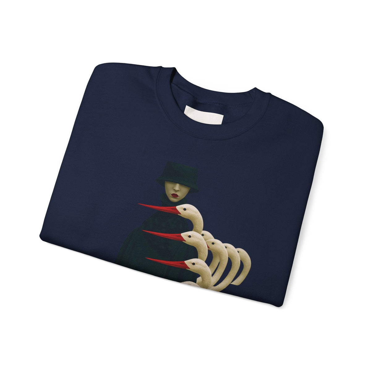 PURETE navy crewneck sweatshirt featuring a surreal graphic of a cloaked figure with multiple white bird-like heads
