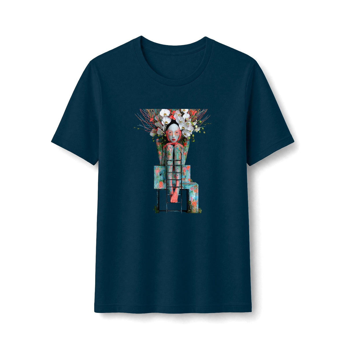 PURETE navy blue fitted graphic t-shirt featuring a surreal floral robot art print on the front.