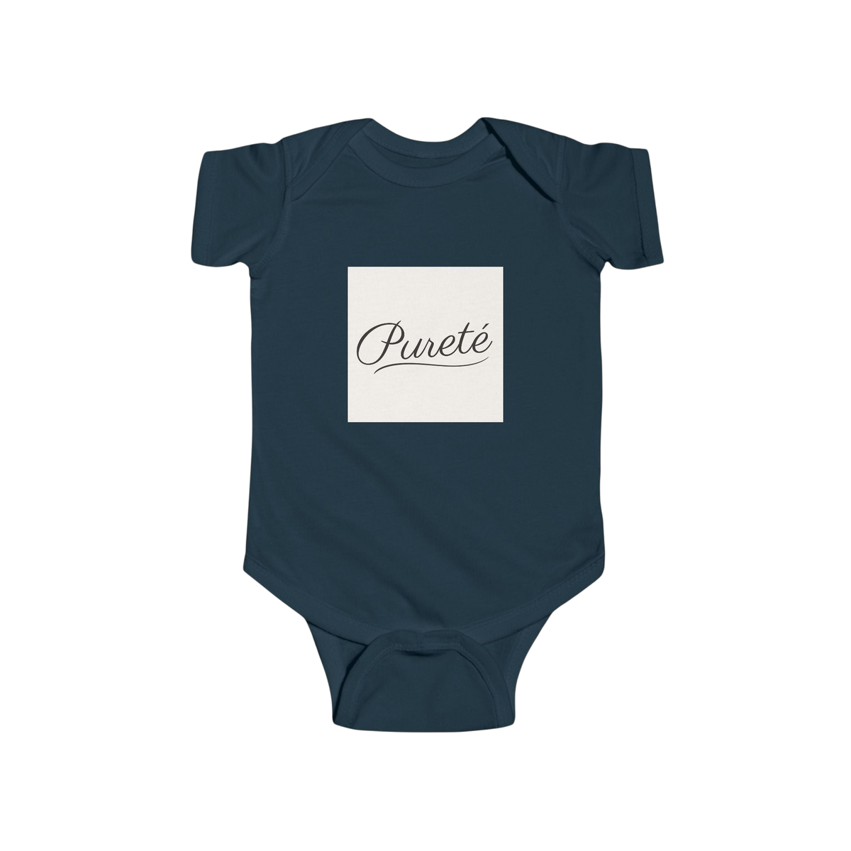 PURETE infant bodysuit in navy blue cotton with a white square chest print featuring elegant black script text.