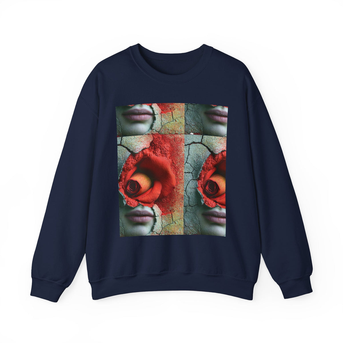 PURETE navy crewneck sweatshirt featuring a surreal grid print of a red rose, cracked earth, and a human face.
