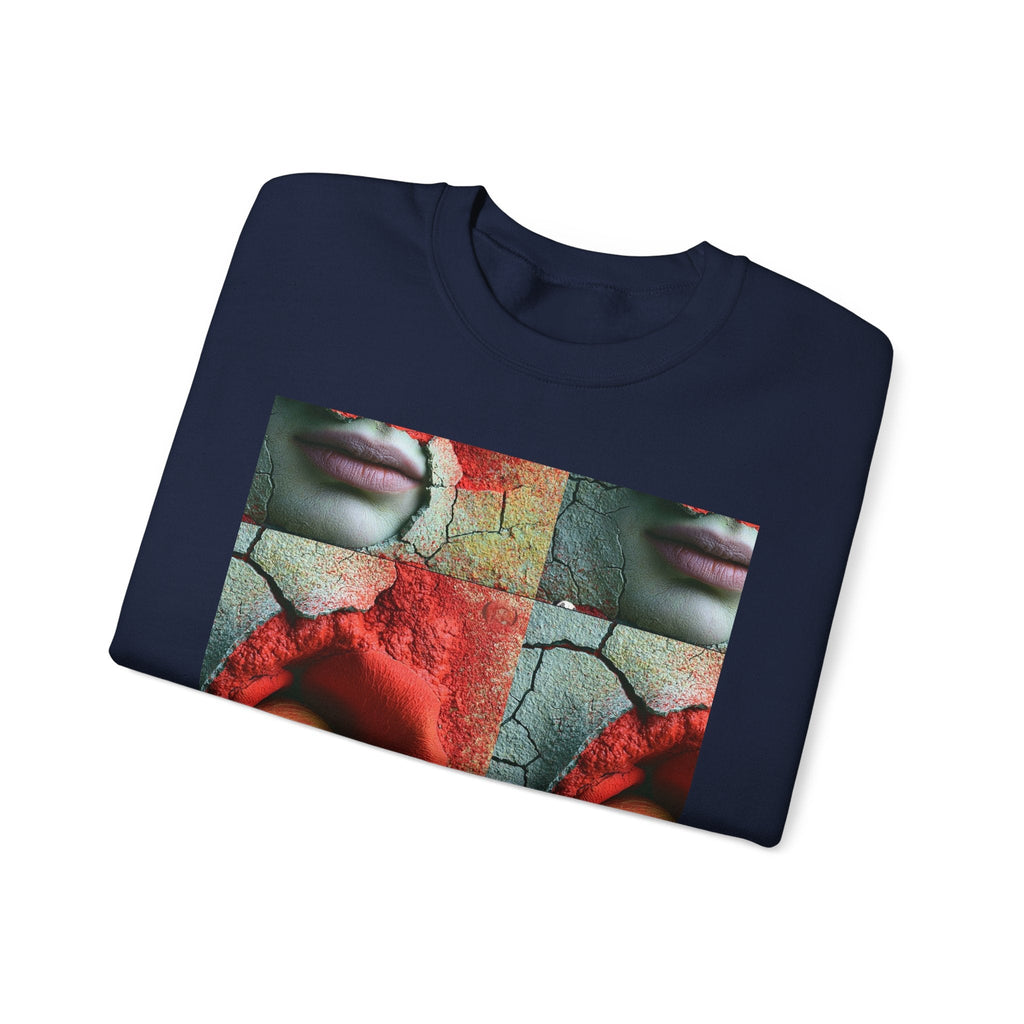 PURETE navy blue crewneck sweatshirt featuring a surreal artistic grid print of a red rose and a human face.