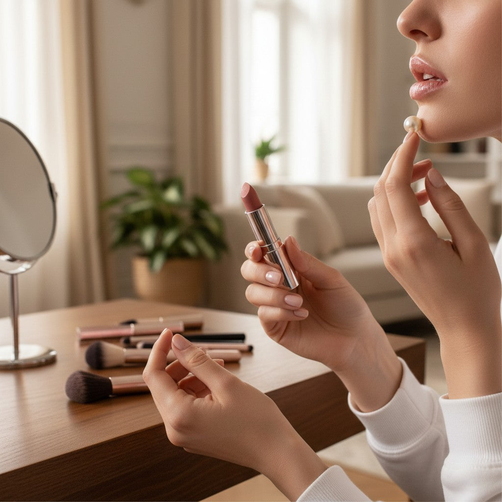 PURETE model holding a nude lipstick and a pearl at a vanity table with makeup brushes in a bright, cozy room.