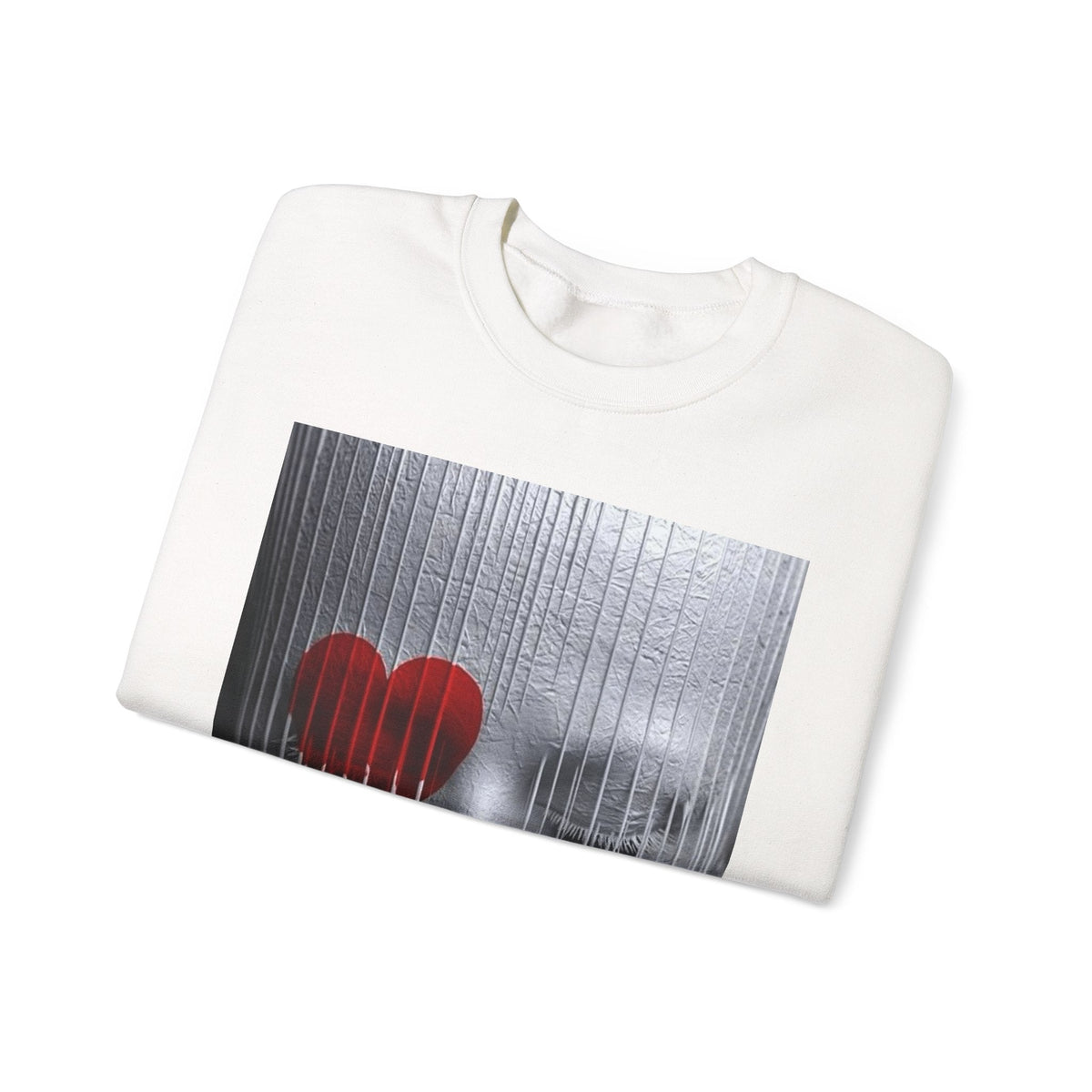 PURETE unisex heavy blend crewneck sweatshirt in white featuring a graphic print of a red heart behind silver bars.